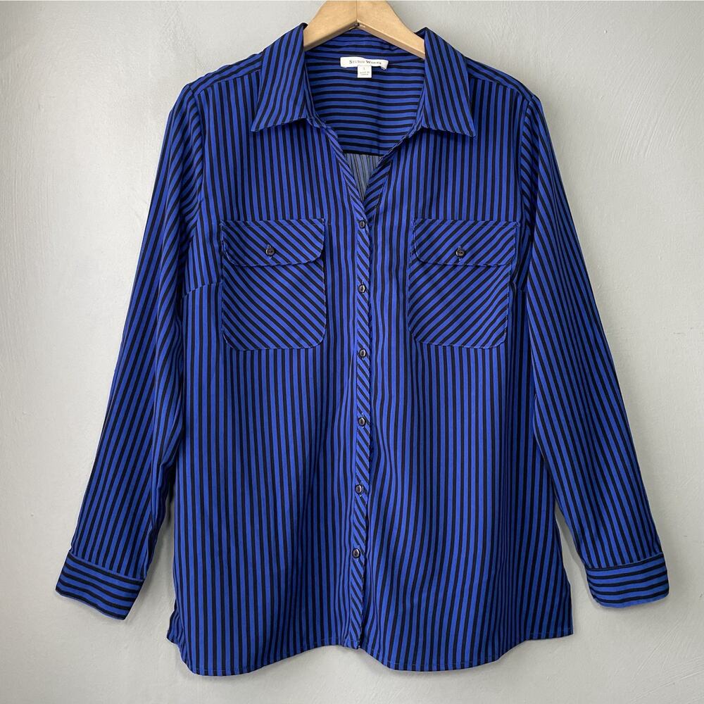 Studio Works Button Up Shirt Size Large Cobalt Blue Striped Preppy Office Top